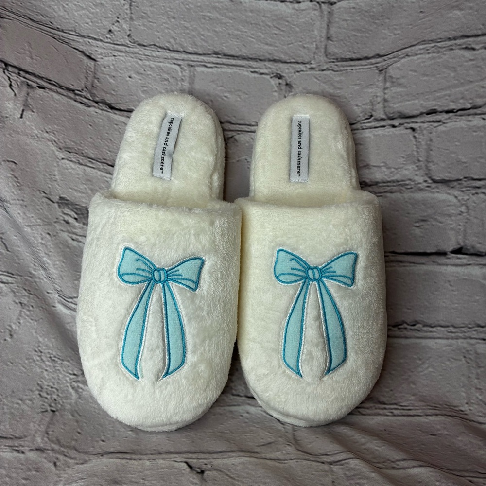 Coquette Coastal CottageCore Preppy Off White Slippers Ballet Bowcore Size M 7/8